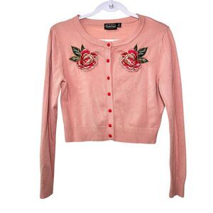 Voodoo Vixen Pink Floral Embroidered Cropped Rockabilly Pinup Cardigan Medium